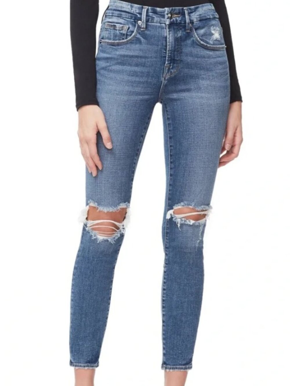 Good American High-Rise Skinny Jeans Womens Distressed‎ Knee Stretch Denim 6/28
